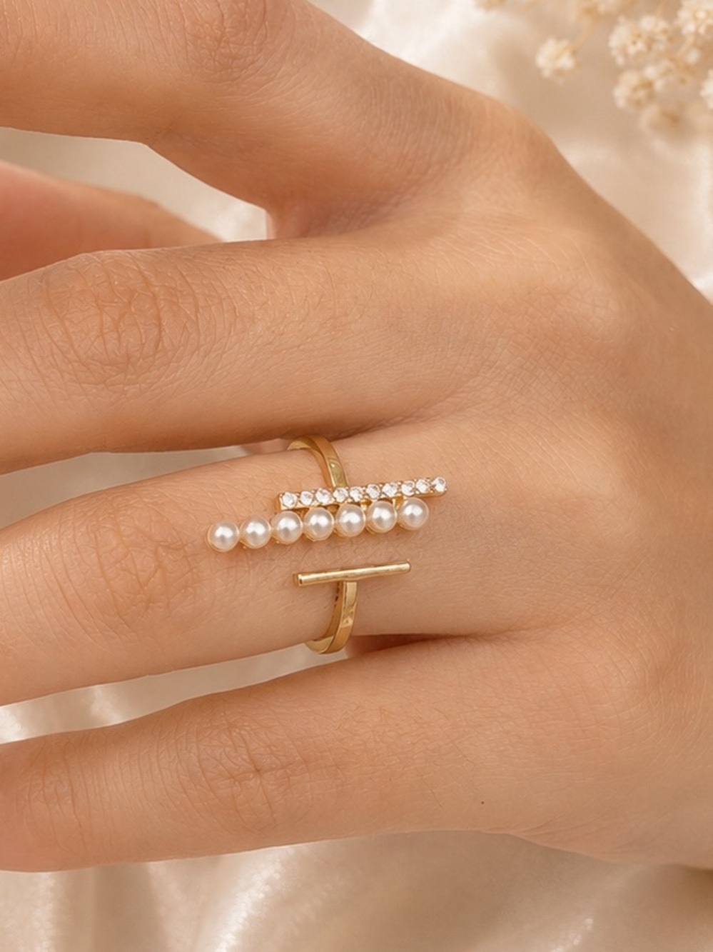 Gold Bar Pearl & Crystal Open Ring - Women's Fashion Jewelry